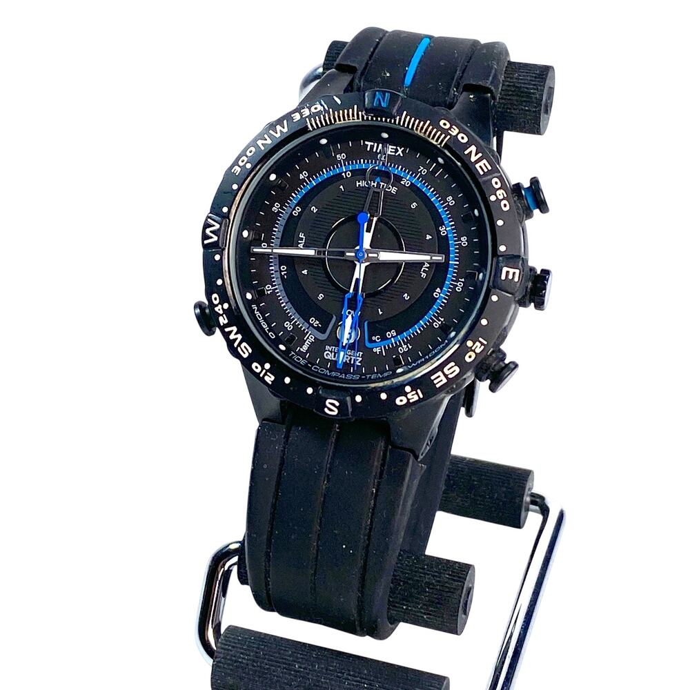 Timex T49859 Intelligent Quartz Tide Temp Compass Watch Men 45mm Black Blue 100M